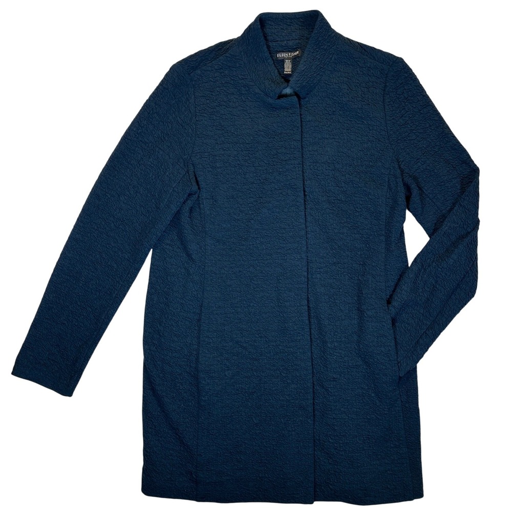Eileen Fisher Petite Navy‎ Blue Textured Cloque Mock Neck Long Jacket Coat PM